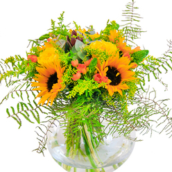Stepping into a Hackney flat, you're met with the eye-catching vibrance of a floral centerpiece arranged in a gleaming, fishbowl-style glass vase. This bouquet radiates the sunlight of late summer or early autumn, its golden sunflowers standing proud among a cluster of expertly chosen blooms. The sunflowers' rich brown centers and fringed yellow-orange petals channel the playful mood of London Fields at dusk. Between these, sumptuous yellow garden roses spiral open-each petal packed tightly, offering a nod to Victorian elegance with a Hackney edge. Sprigs of glossy red Hypericum berries glisten with energy, their color echoing the creative spirit of the local art scene and bustling markets. Cascades of fresh fern fronds and slender, light green filler branches trail gracefully around the bowl, lending airiness and motion that replicate a breeze through Haggerston Park. Bluish eucalyptus leaves bring a silvery accent, supplementing the earthy palette and adding a cool aromatic hint to the bouquet's delicate fragrance. Through the crystal-clear vase, the vivid green stems fan out in the water, showcasing natural architecture and symbolizing the transparency cherished in Hackney's close-knit communities. This arrangement-with its rich textures and harmonious hues-is ideal for celebratory tables, housewarmings, or as a heartfelt gesture delivered to doorsteps around Hackney. Every element is thoughtfully curated to evoke brightness, renewal, and local artistry.